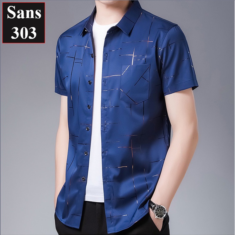 Áo sơ mi nam tay ngắn họa tiết cao cấp Sans303 big size công sở lịch lãm cổ bẻ sang trọng đỏ xanh đẹp thời trang