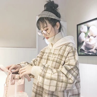 [KÈM ẢNH THẬT ] áo hoodie dáng suông kẻ sọc caro cổ cao phối mũ ulzzang hàn quốc