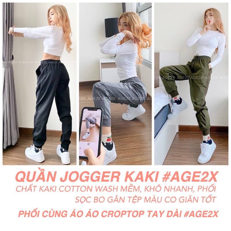 QUẦN JOGGER NỮ Chất kaki phối sọc thun gân co giãn, Chính hãng #AGE2X hàng VNXK