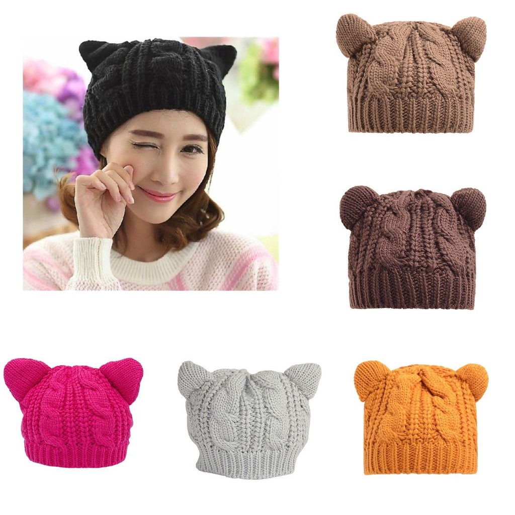 Mũ Beanie Đính Tai Mèo Co Giãn Màu Sắc Trơn Dành Cho Nữ