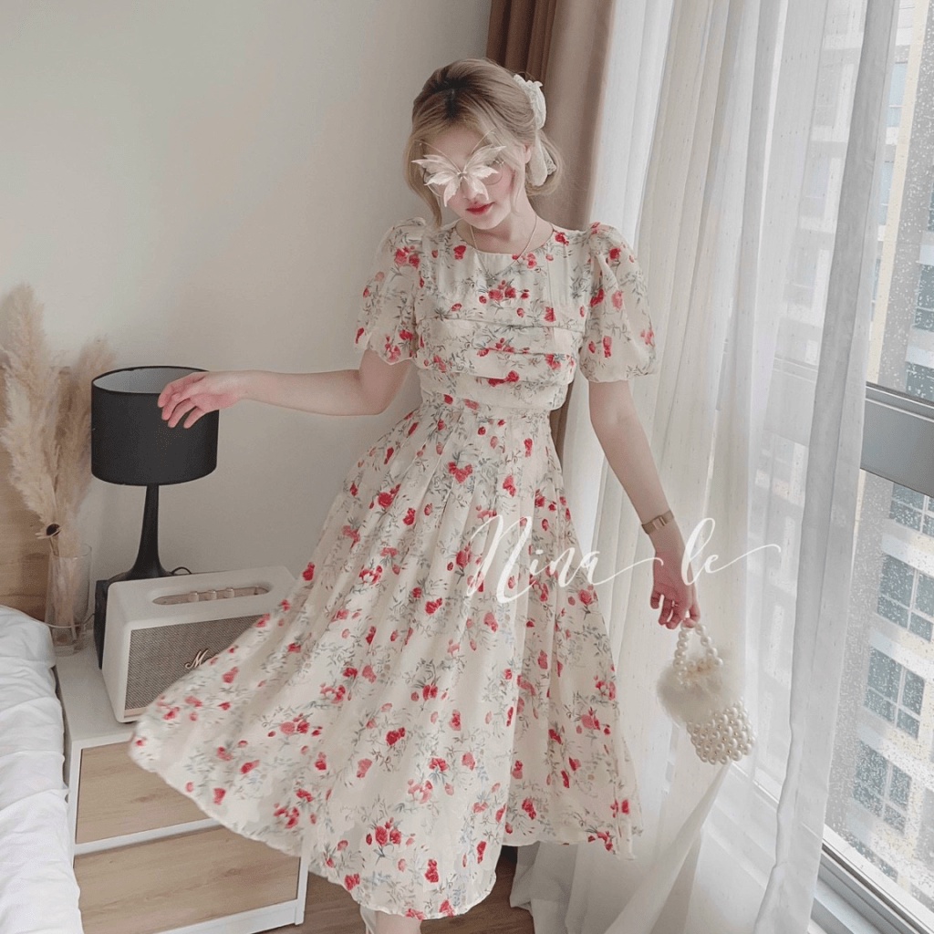 (Free Ship) Đầm Nữ Voan Chiffon Phối Hoa Dáng Xòe Tiểu Thư Siêu Xinh UP
