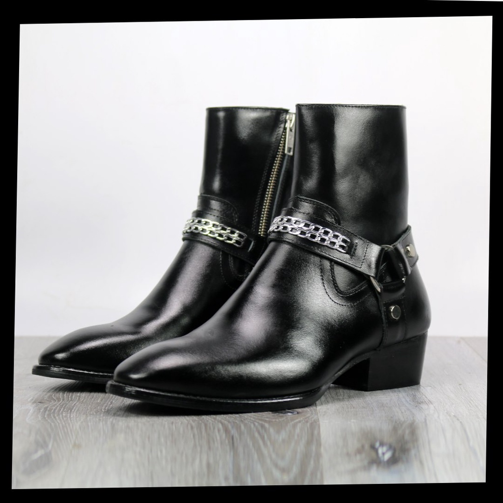 Giày thời trang nam cao cổ Harness boots da bò nguyên tấm đế gỗ tăng chiều cao 4.5cm | BigBuy360 - bigbuy360.vn