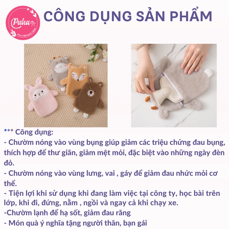 Túi chườm nóng PUHA 350ml chườm nóng bụng kinh giảm đau hiệu quả cho nữ, túi sưởi giữ nhiệt đa năng