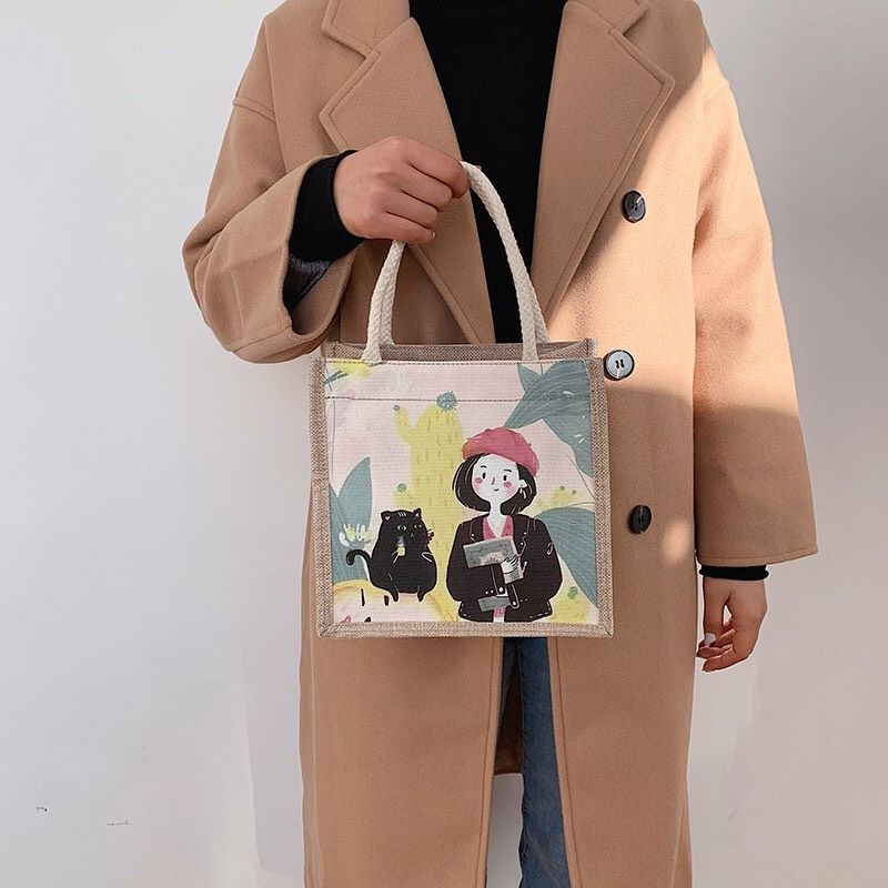 Túi Cói Vintage Đi Biển Phong Cách Hàn Quốc Hoạ Tiết Hoạt Hình Siêu Đáng Yêu
