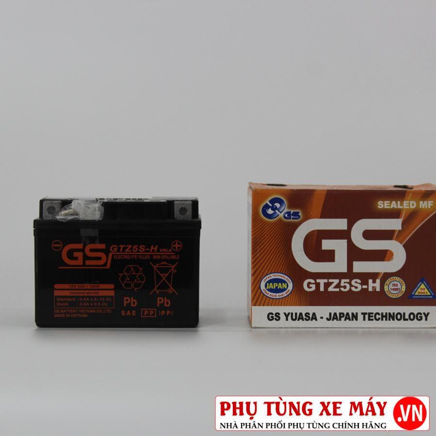 BÌNH ắc quy GS GTZ5S-H. Kích thước (mm): 112 x 70 x 85 (dài x rộng x cao)