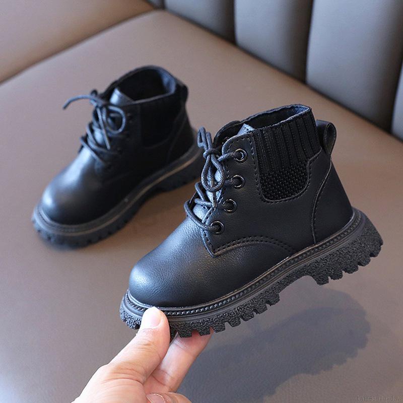 Giày bốt da đế mềm chống trượt kiểu dây thắt thời trang mùa đông dành cho bé gái