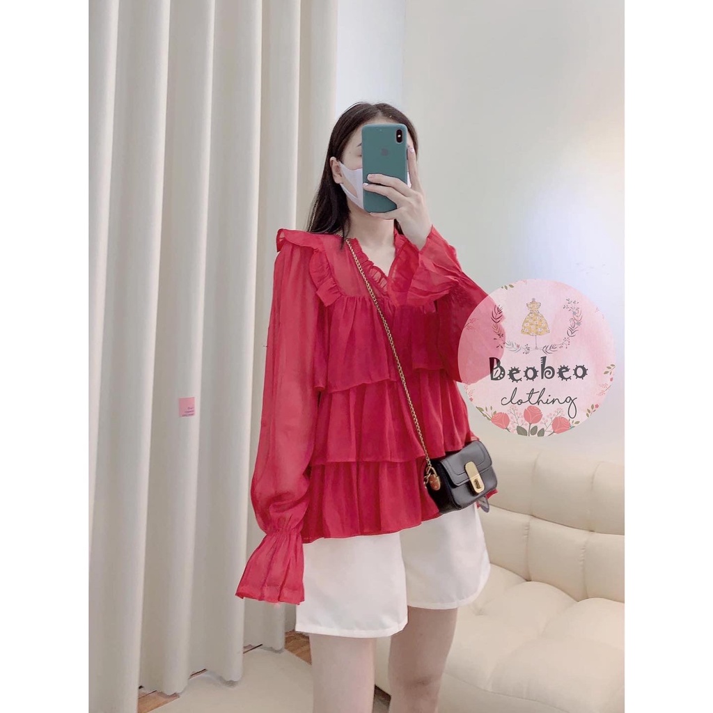 Set áo babydoll bèo tầng đỏ kèm quần short dễ thương