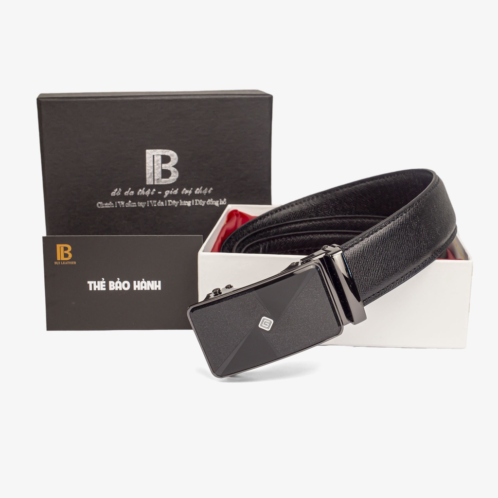 Thắt lưng nam da saffiano cao cấp Bụi leather - L106, 3 lớp màu đen, mặt khóa tăng tự động thép không gỉ, BH 12 tháng