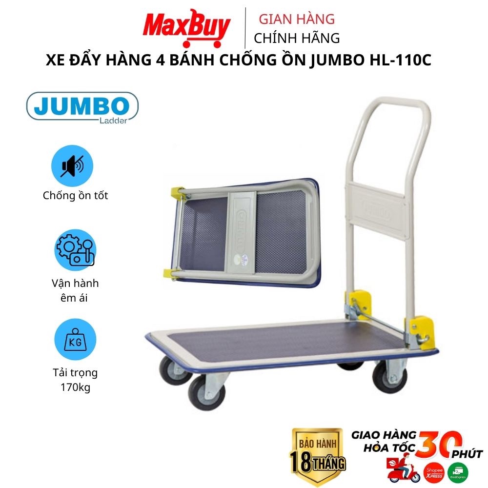 Xe đẩy hàng siêu thị 4 bánh chống ồn gấp gọn Jumbo Thái Lan HL-110C tải trọng 170kg bảo hành chính hãng 12 tháng