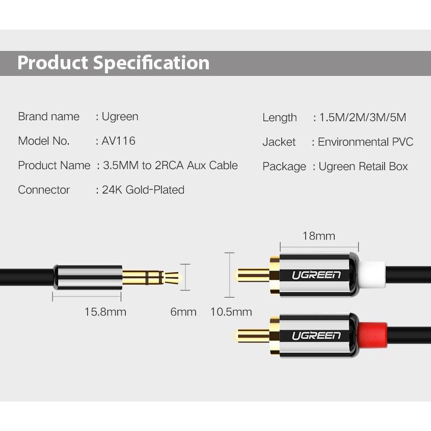 [Mã ELHACE giảm 4% đơn 300K] Dây Loa, Amply 3.5mm To 2RCA Hoa Sen Cao Cấp UGreen AV116 Chính Hãng