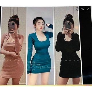 Đầm cổ tròn tay dài dáng body ngắn chất thun gân ng