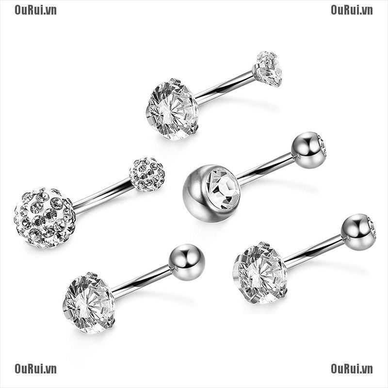 Bộ 5 Khuyên Xỏ Cơ Thể Bằng Thép Không Gỉ Đính Pha Lê Độc Đáo