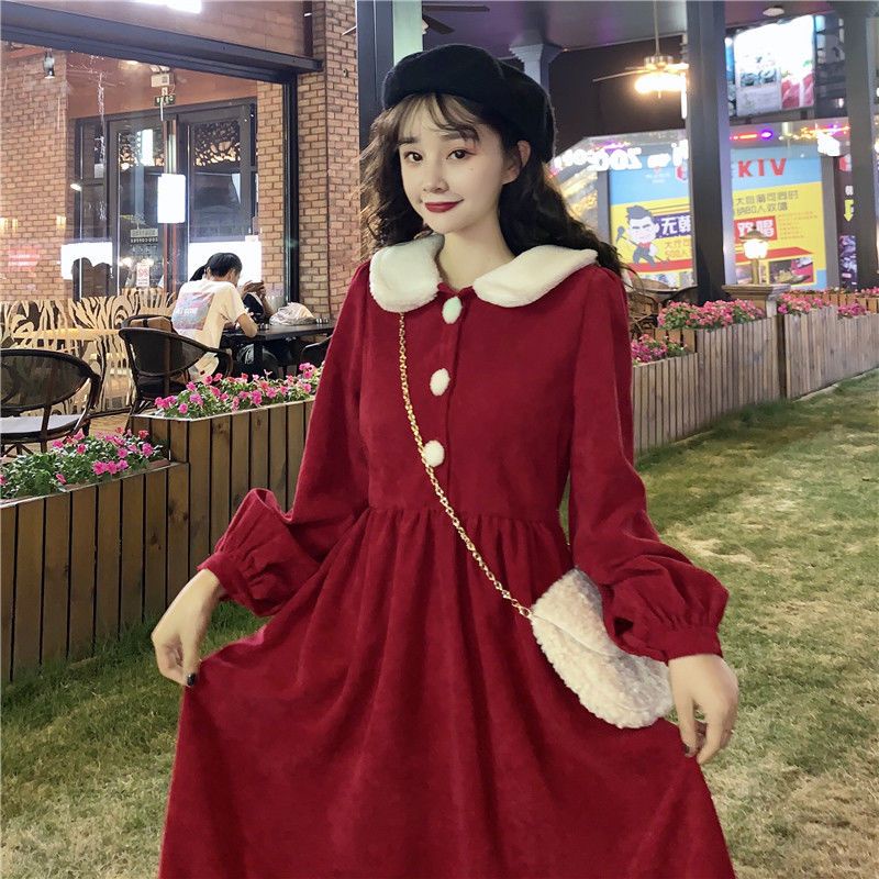 Đầm Công Chúa Cao Đến Gối Cổ Búp Bê Màu Đỏ Phong Cách Nhật Bản Ngọt Ngào Cho Nữ Sinh