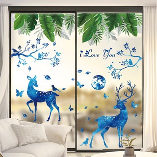 Decal dán tường tán lá kết hợp nai xanh xinh xắn
