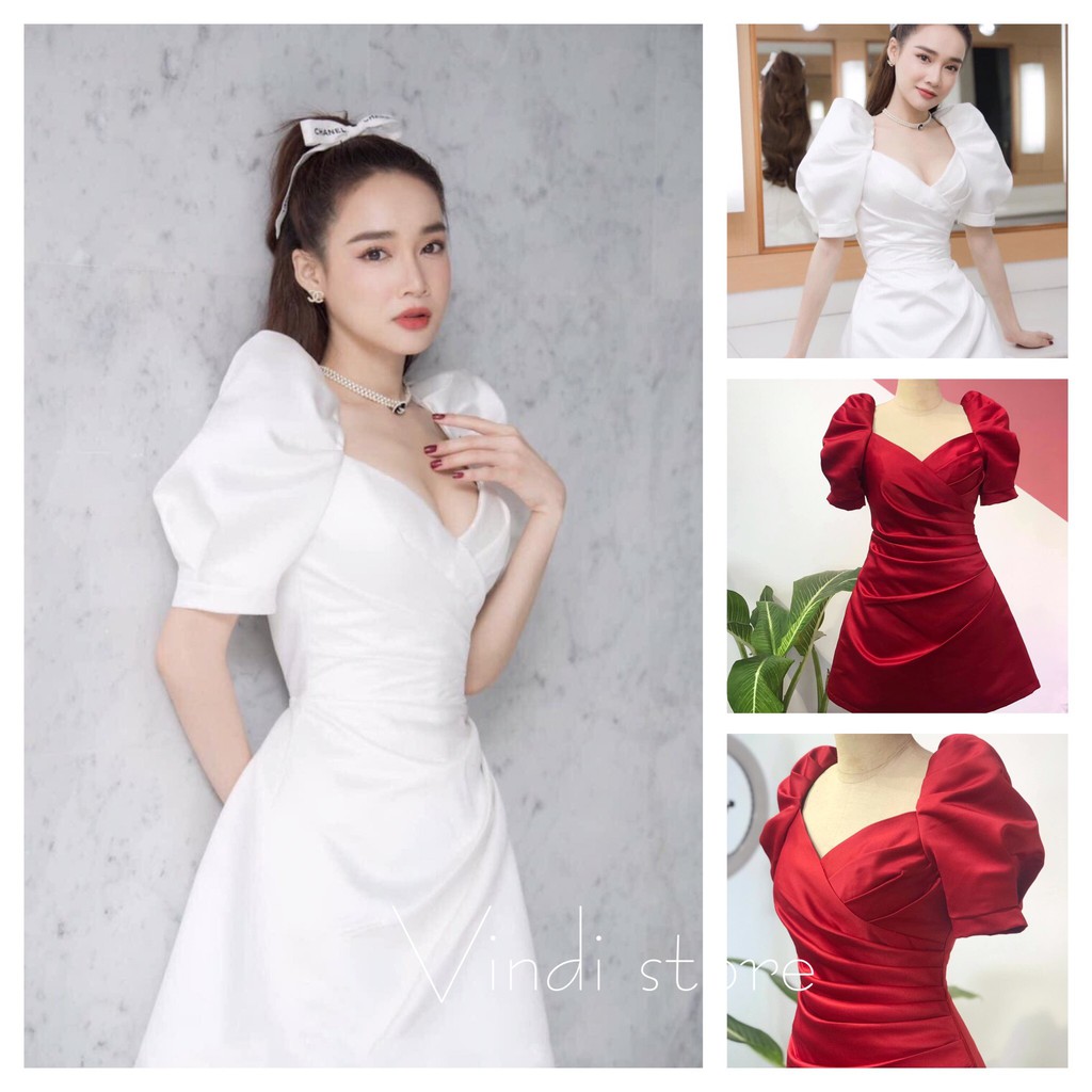 Đầm Tafta tay phồng xếp li