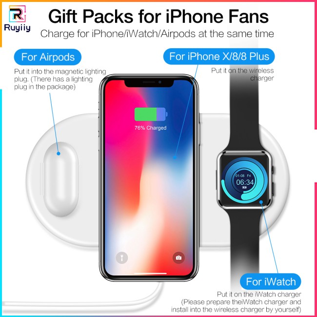 [RUY]  3 in 1 QI Wireless Charger for iPhone X XR XS movil iphon xs wireless charging stand Max Watch AirPods Mobile Phone Fast Charge for Samsung