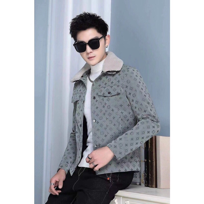 Áo khoác da nhung lót lông Nam in chữ  hàng QCL1