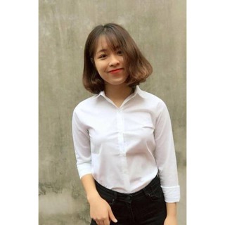 Áo sơ mi nữ dài tay xanh nhạt basic dáng suông
