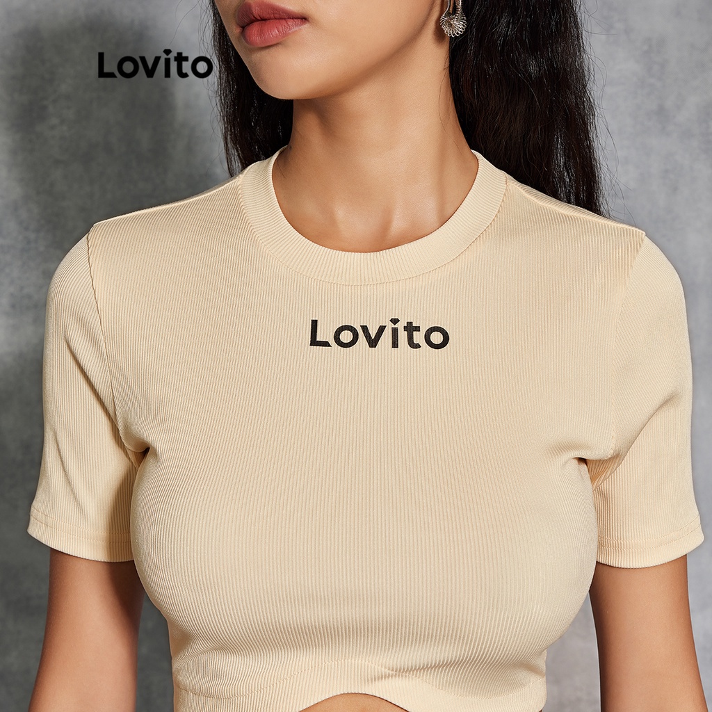 Lovito Áo Thun Crop Top In Chữ L20E013 (Màu Be)