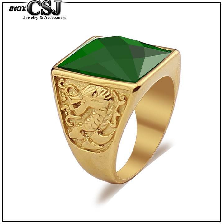 NHẪN NAM INOX MẠ VÀNG ĐÁ XANH LÁ CHẠM RỒNG siêu đẹp - tặng hộp đựng xinh xắn