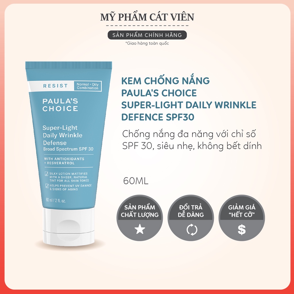 Kem chống nắng Paula's Choice - Super-Light Daily Wrinkle Defence SPF30 - Tuýp 60ml