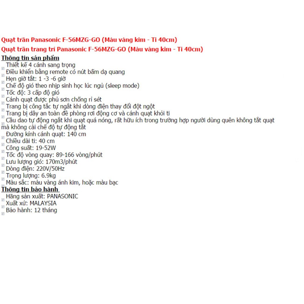 Quạt trần 4 cánh Panasonic F-56MZG-GO\F-56MZG-S