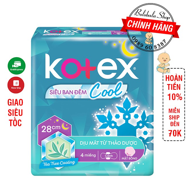 Băng vệ sinh Kotex siêu ban đêm thảo dược Cool 28cm - Gói 4 mếng hàng tặng