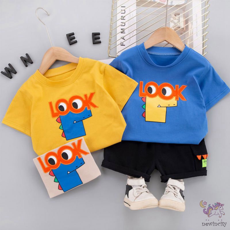 Set Đồ 2 Món Gồm Áo Cotton Tay Ngắn In Hình Khủng Long Dễ Thương + Quần Ngắn Cho Bé Trai