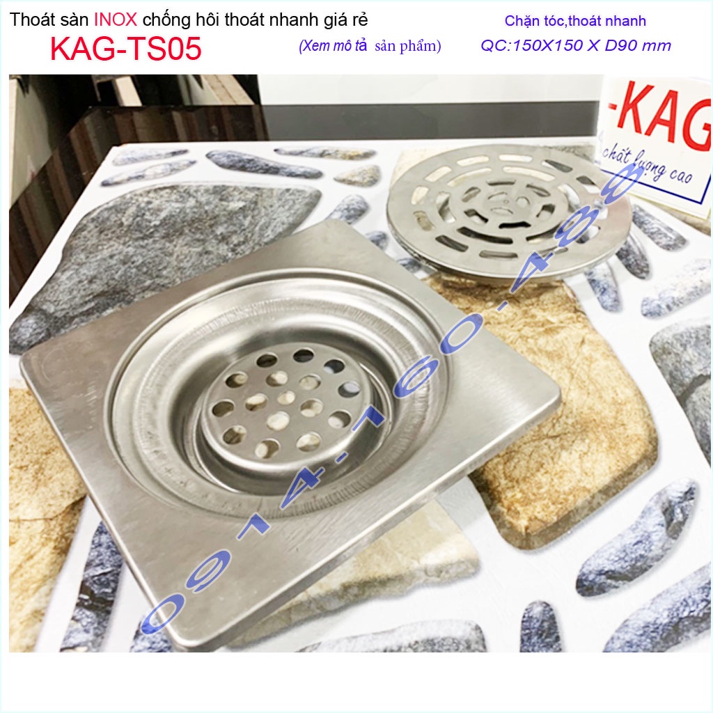 Phễu thoát sàn chống hôi KAG-TS05, ga thoát sàn vuông 15x15cm ống D90 nước thoát nhanh giá tốt sử dụng tốt