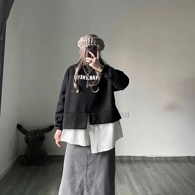 Áo sweater nỉ bông phối layer vạt trắng