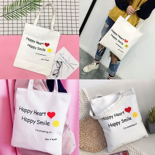 Túi tote vải canvas loại xịn dày dặn có khóa kéo họa tiết Happy heart xinh xắn !