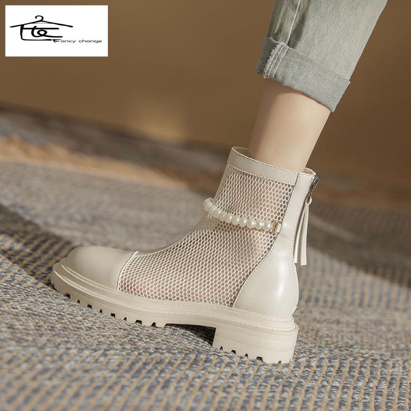 Giày Bốt Martin Bằng Da Bò Phối Lưới Đính Ngọc Trai Thời Trang Xuân Hè 2022 Cho Nữ