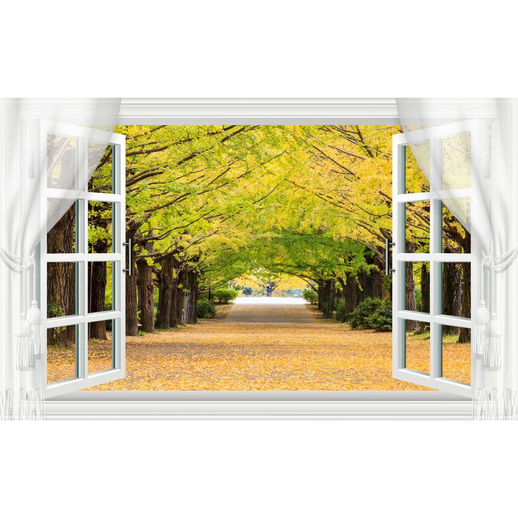 Tranh dán tường cửa sổ mùa thu con đường hai hàng cây màu vàng - vải lụa kim tuyến