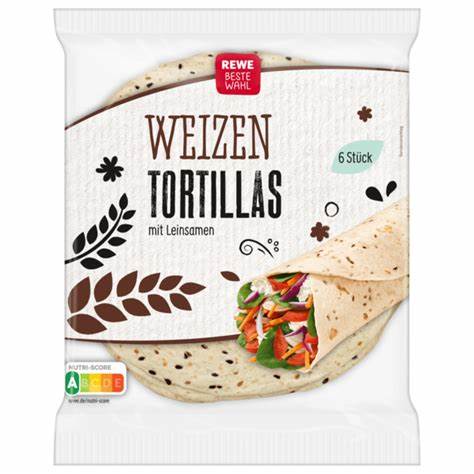Vỏ Bánh Tortilla hạt lanh Weizen Tortillas mit leinsamen Rewe 6 miếng 432g