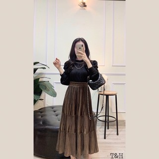 Chân váy nhung xoè dáng dài