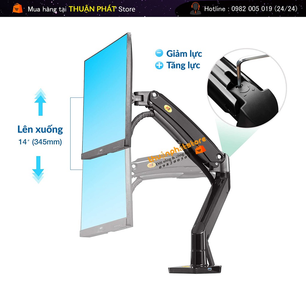 Giá Treo Màn Hình Máy Tính NB-F100A  - Tải Trọng 12Kg - Phiên Bản Mới 2021 - Xoay Màn 360 Độ
