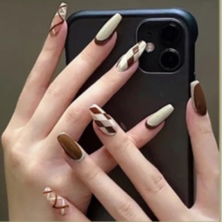 Set 24 móng giả dài họa tiết caro đen trắng dùng để trang trí móng tay nghệ thuật