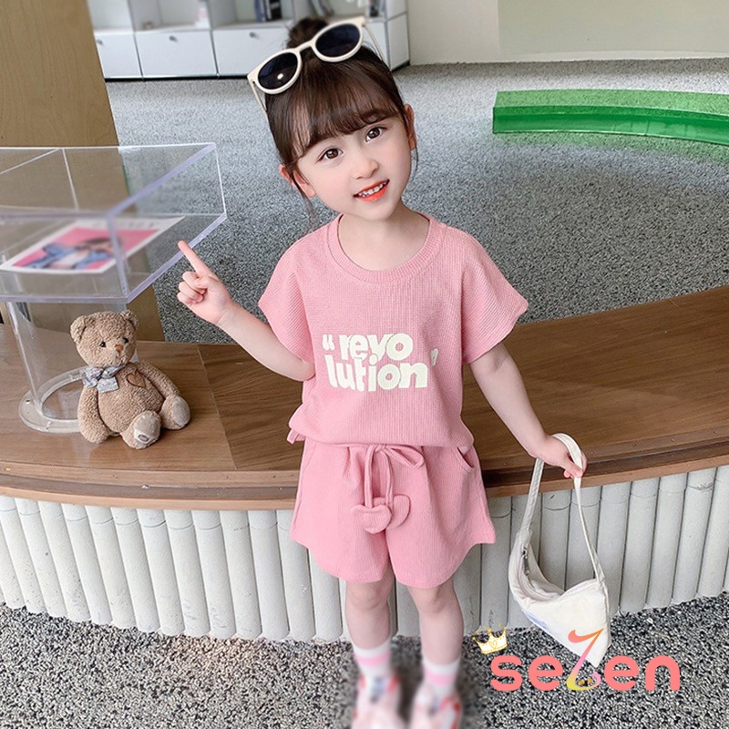 Se7en Set Áo Thun Ngắn Tay In Chữ + Quần Short Thời Trang Hè Hàn Quốc Cho Bé Gái