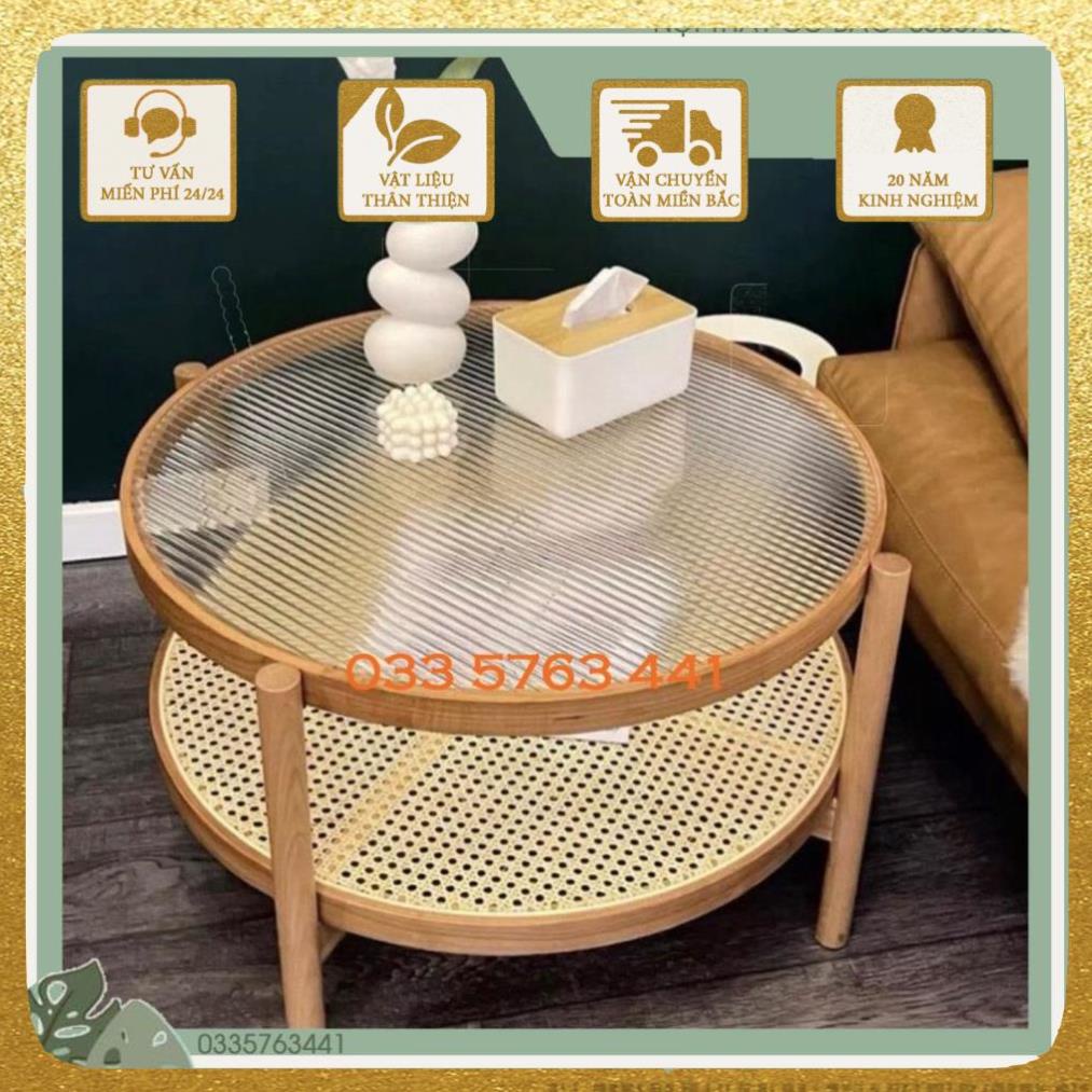 Bàn trà sofa kính sóng khung gỗ sồi 100% phối mây phong cách vintage siêu xinh hàng loại 1