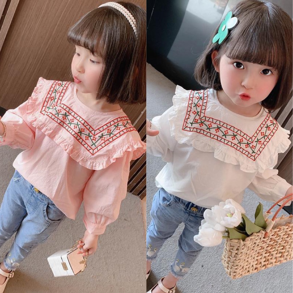 Áo sơ mi dài tay 2 màu trắng & hồng thêu hoạ tiết thổ cẩm cho bé gái (Cao 80-130cm & nặng 80-25kg) N01094