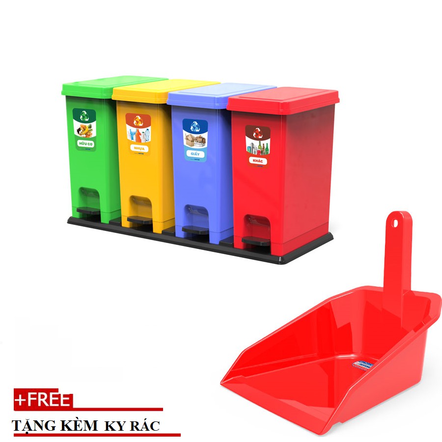 Thùng rác ECO Bộ 4 Duy Tân No.0953/4 - 4 ngăn phân loại rác hữu cơ, nhựa, giấy, khác- TẶNG KÈM KY RÁC