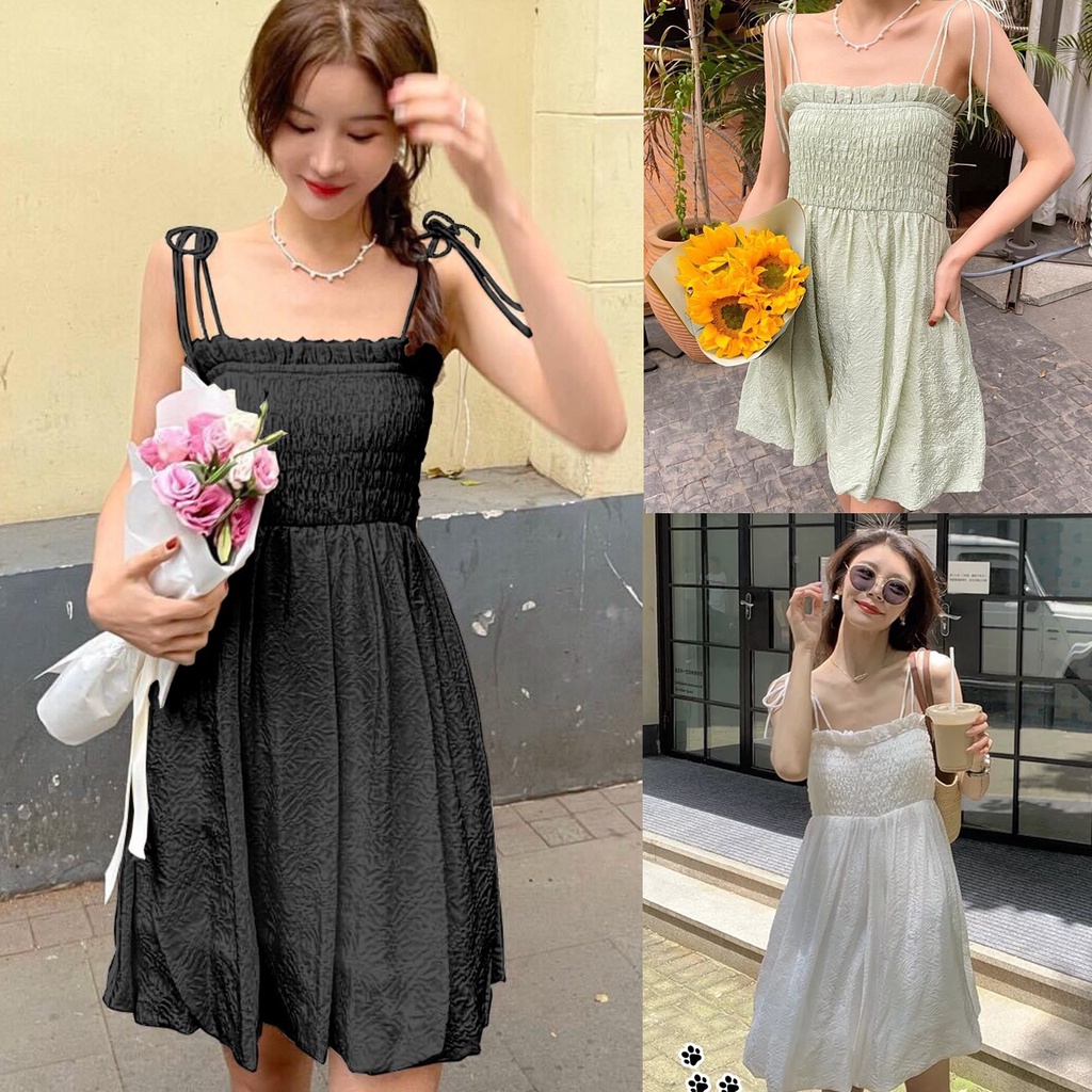 V001 - Váy hai dây thắt nơ chun ngực viền bèo Ulzzang dáng xòe xinh xắn đầm voan mềm  Hàn Quốc cá tính phong cách