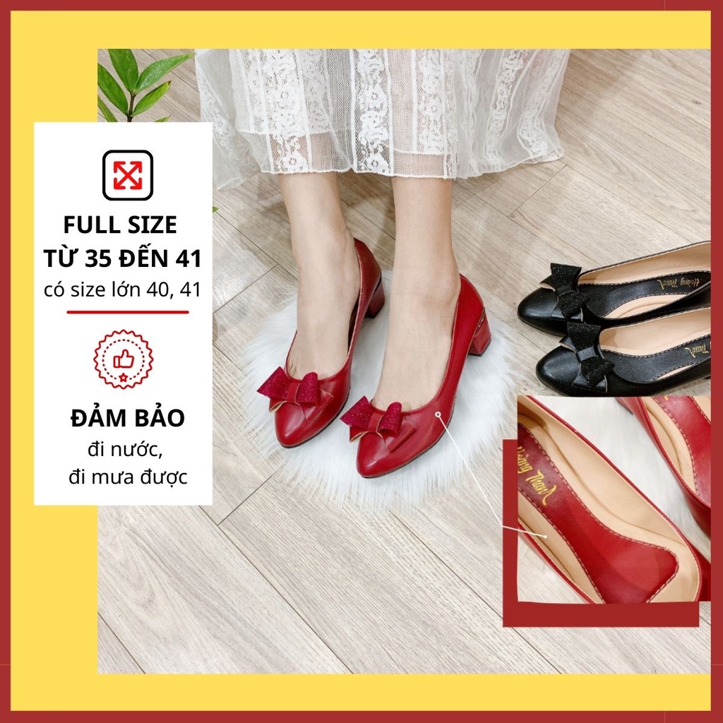 [Có bigsize 40-41] Giày Nữ, Giày Cao Gót Mũi Nhọn Gót Vuông 3cm Da Mềm Đi Nước Đi Mưa Được. Giày Hoàng Thanh G3 đỏ