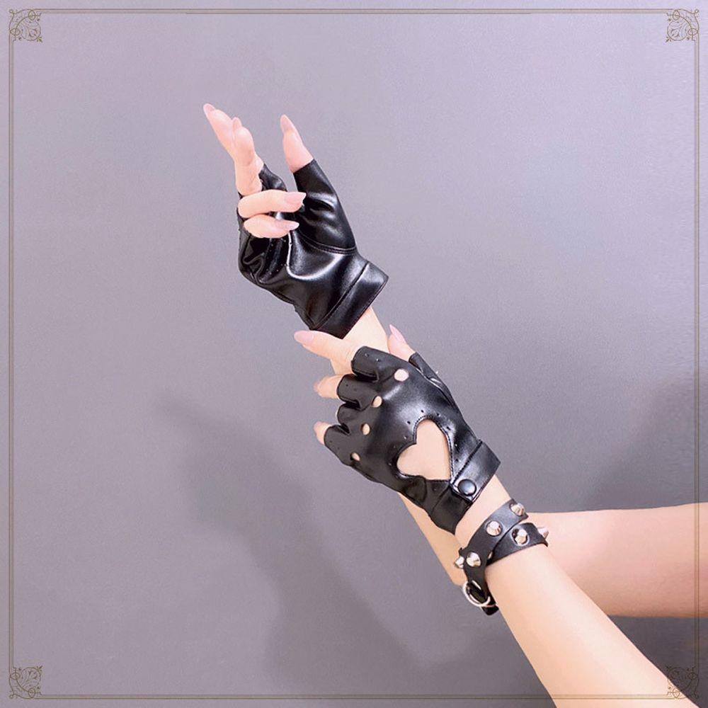 Găng Tay Hở Ngón Hình Trái Tim Màu Trắng Đen Phong Cách Hip Hop Punk Cho Nữ