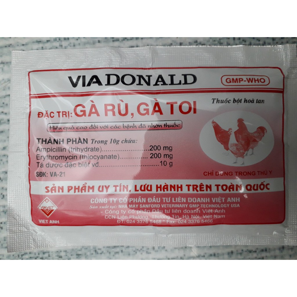 Via donald gói 10g. Gà toi, gà rù, xù lông, sã cánh, màu thâm, chướng diều