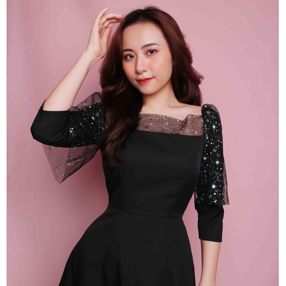 Đầm đen dự tiệc cổ vuông tay lỡ đẹp thiết kế sang trọng thời trang cao cấp trẻ trung eo tôn dáng hợp đi tiệc đi chơi