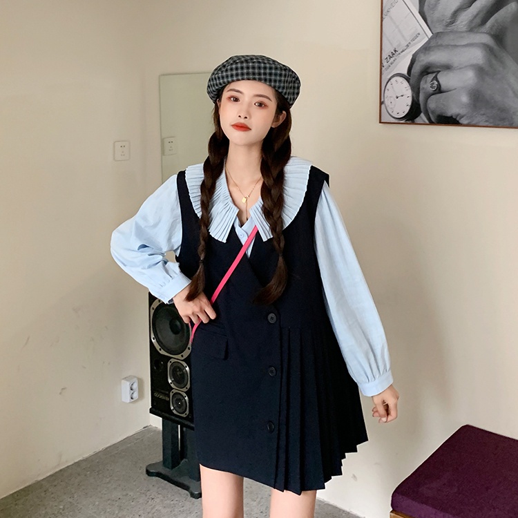 Bộ đầm vest không tay và áo sơ mi 3 màu trơn thời trang retro Hàn Quốc thời trang cho nữ