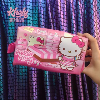 Hộp bút, bóp viết da 1 ngăn hình Hello Kitty phòng ngủ màu hồng cho học sinh bé gái (Thái Lan) - 180KT109301100