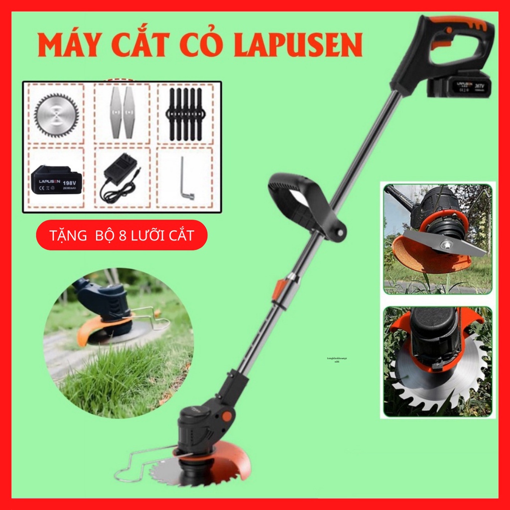 Máy cắt cỏ dùng pin LAPUSEN cầm tay, máy tỉa cành đa năng nhỏ gọn tặng bộ 8 lưỡi cắt