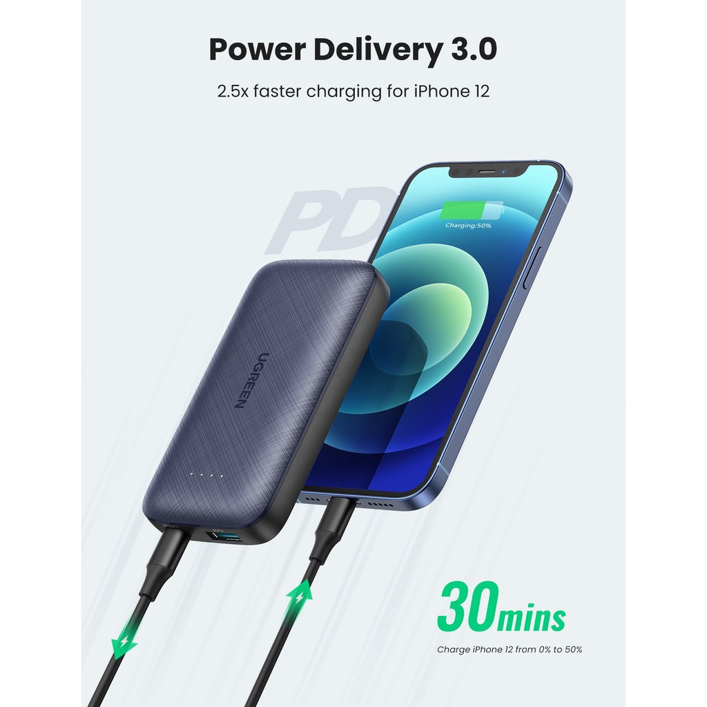 Pin sạc dự phòng mini 10000mAh 2 cổng Ugreen 80749 - PD + QC 3.0 18W Sạc nhanh iPhone 12 - Hapustore